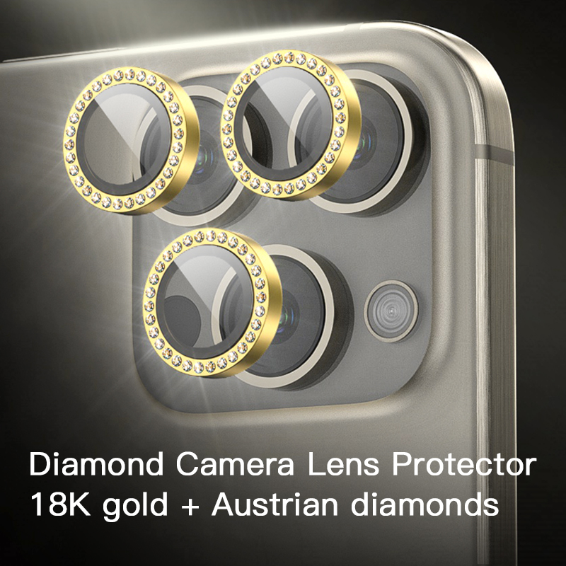 时尚 OEM 18K 金+奥地利钻石彩色防刮钢化玻璃 iPhone 相机镜头保护膜